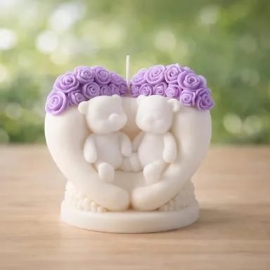 Decorative Twin Bear Candle Set with Rose Crown Pink and Cream Scented Home Decor Gift Candle for Birthday Anniversary Romantic Decoration thumbnail 1