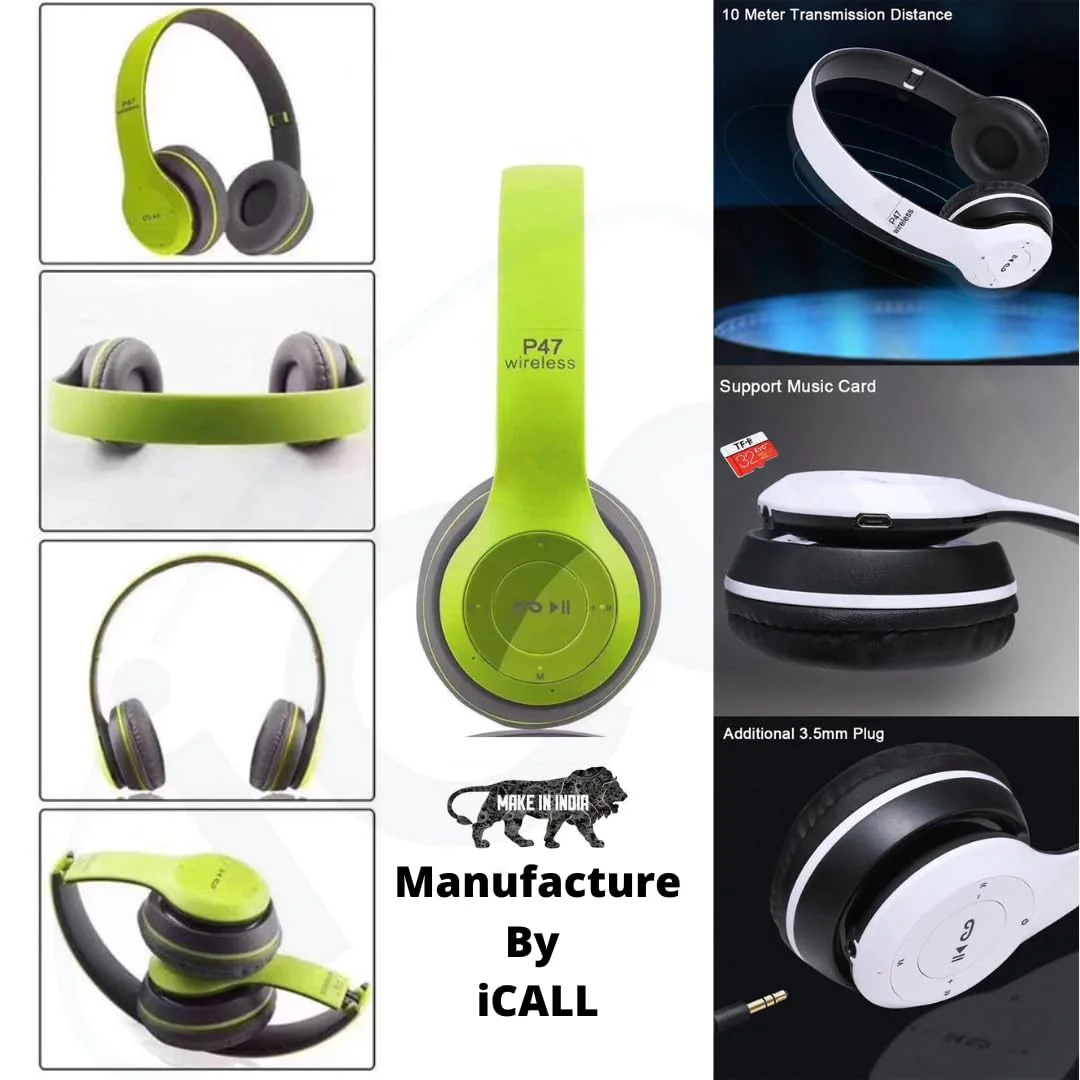 P47 Wireless Portable Gaming Sports Over Ear Bluetooth Headphones with Super Extra Bass, TF Memory Card Support, FM Radio, Foldable Stereo Wireless Headset for Gaming, Music, Calling & Travel Use image 2