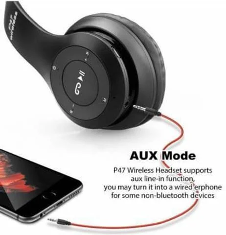 P47 Wireless Portable Gaming Sports Over Ear Bluetooth Headphones with Super Extra Bass, TF Memory Card Support, FM Radio, Foldable Stereo Wireless Headset for Gaming, Music, Calling & Travel Use image 1
