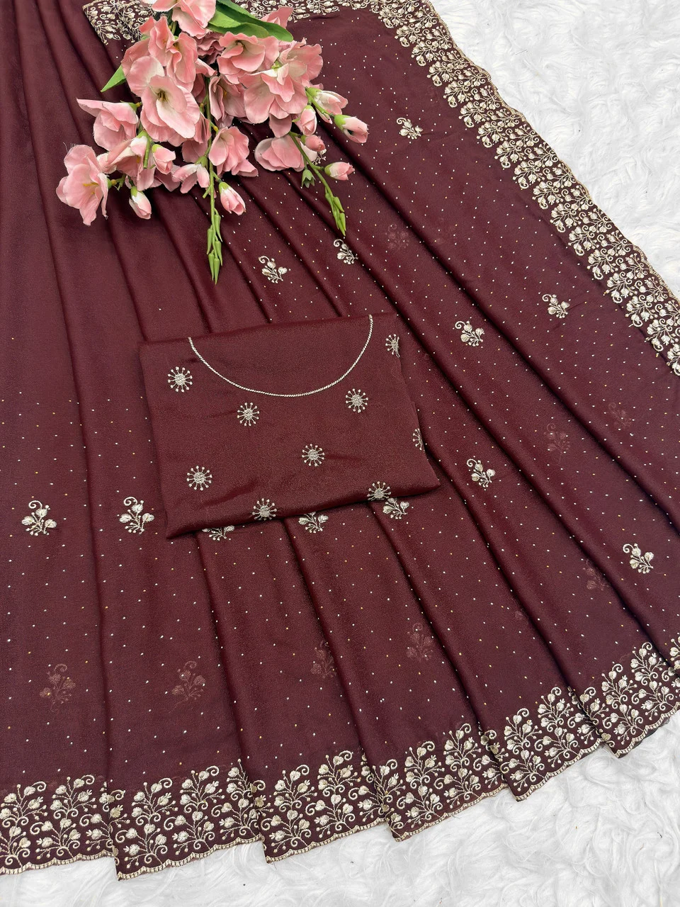 Georgette Brown Saree | Stylish Party Wear Saree for Women Rich Wine Deep Maroon Georgette Saree Free Size image 2