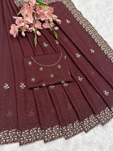 Georgette Brown Saree | Stylish Party Wear Saree for Women Rich Wine Deep Maroon Georgette Saree Free Size thumbnail 1