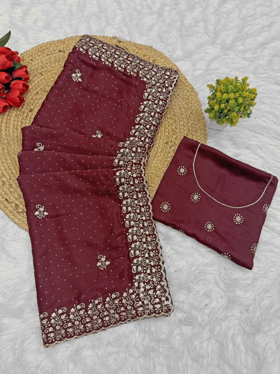 Georgette Brown Saree | Stylish Party Wear Saree for Women Rich Wine Deep Maroon Georgette Saree Free Size image 3