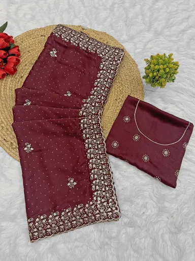 Georgette Brown Saree | Stylish Party Wear Saree for Women Rich Wine Deep Maroon Georgette Saree Free Size thumbnail 2