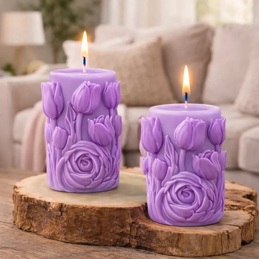 Frendora Premium Handmade Floral Tulip Pillar Candle in Elegant Violet Color for Home Décor, Romantic Ambience, Festive Decoration & Luxury Gifting – Set of 1 Violet Floral Tulip Pillar Candle – Set of 1 500 ML image 2
