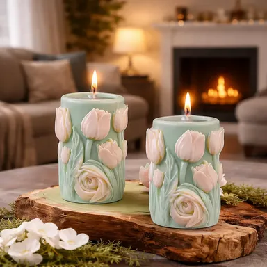 Frendora Premium Handmade Floral Tulip Pillar Candle in Elegant Violet Color for Home Décor, Romantic Ambience, Festive Decoration & Luxury Gifting – Set of 1 Pastel Green Pink Floral Pillar Candle 500 ML thumbnail 0