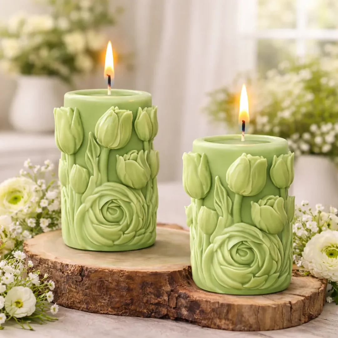 Frendora Premium Handmade Floral Tulip Pillar Candle in Elegant Violet Color for Home Décor, Romantic Ambience, Festive Decoration & Luxury Gifting – Set of 1 Sage Green Floral Carved Pillar Candle Set of 2 500 ML image 2