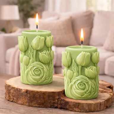 Frendora Premium Handmade Floral Tulip Pillar Candle in Elegant Violet Color for Home Décor, Romantic Ambience, Festive Decoration & Luxury Gifting – Set of 1 Sage Green Floral Carved Pillar Candle Set of 2 500 ML thumbnail 0