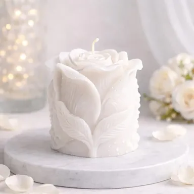 Frendora Decorative Rose Candle Set of 2 – Pink Floral Leaf Design Decorative Wax Candles for Home Décor & Gifting White Rose Flower Scented Decorative Pillar Candle 500 ML thumbnail 0