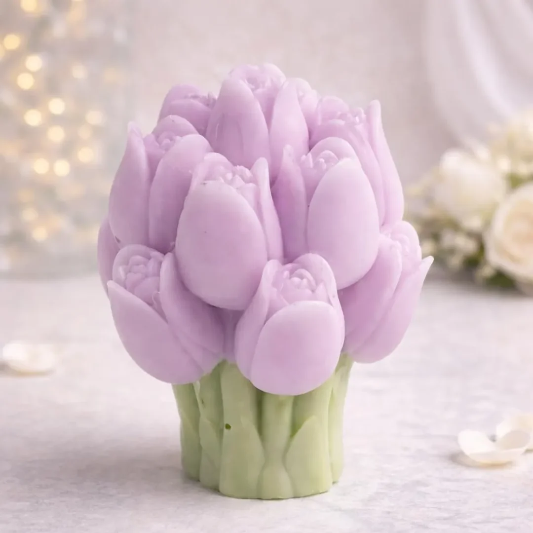 Frendora Handcrafted Pack of 2 Decorative Tulip Bouquet Scented Candles with Pink Floral Design and Elegant Green Base for Home Decor, Festive Decoration, Table Centerpiece & Luxury Gifting image 4