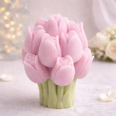 Frendora Handcrafted Pack of 2 Decorative Tulip Bouquet Scented Candles with Pink Floral Design and Elegant Green Base for Home Decor, Festive Decoration, Table Centerpiece & Luxury Gifting thumbnail 4