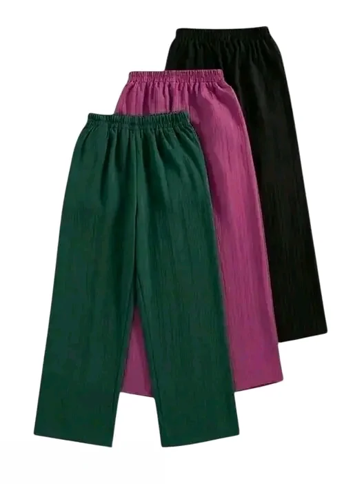 Women’s Pleated Wide Leg Palazzo Pants Combo Pack  High Waist Elastic Waistband Stretchable Lounge Trousers Casual Korean Style Flared Bottom Palazzo for Daily Wear, Travel & Office Use Multi Colour 6-7 Years image 2
