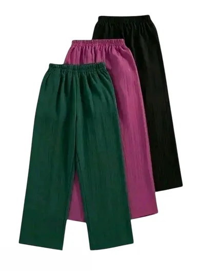 Women’s Pleated Wide Leg Palazzo Pants Combo Pack  High Waist Elastic Waistband Stretchable Lounge Trousers Casual Korean Style Flared Bottom Palazzo for Daily Wear, Travel & Office Use Multi Colour 6-7 Years thumbnail 1