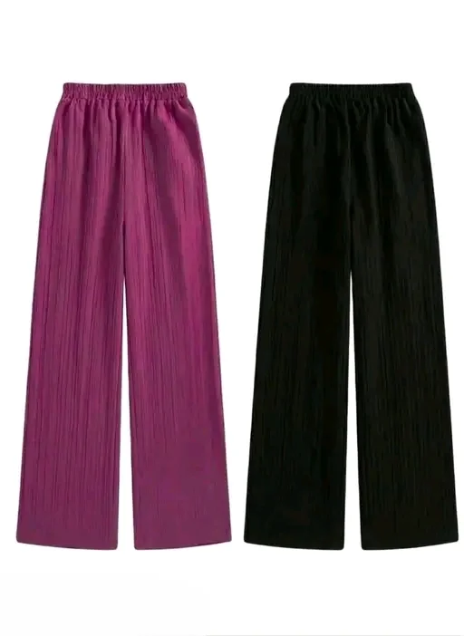 Women’s Pleated Wide Leg Palazzo Pants Combo Pack  High Waist Elastic Waistband Stretchable Lounge Trousers Casual Korean Style Flared Bottom Palazzo for Daily Wear, Travel & Office Use Multi Colour 6-7 Years image 3