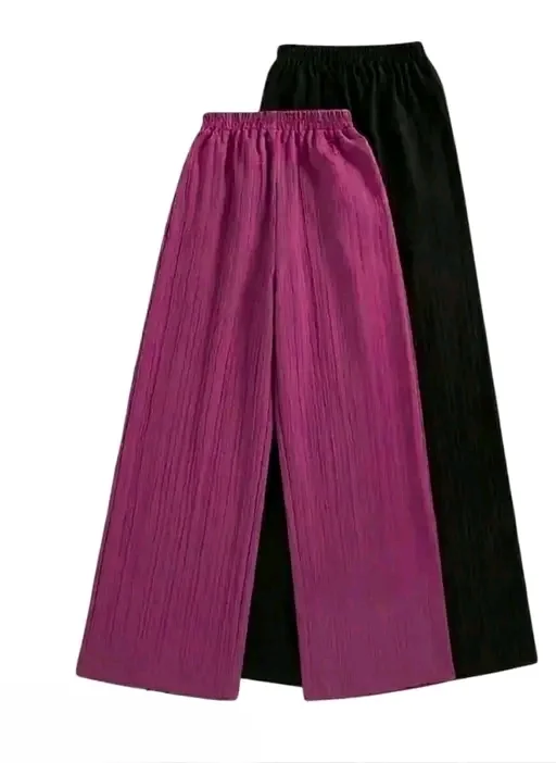 Women’s Pleated Wide Leg Palazzo Pants Combo Pack High Waist Elastic Waistband Stretchable Lounge Trousers Casual Korean Style Flared Bottom Palazzo for Daily Wear, Travel & Office Use Multi Colour 8-9 Years image 1