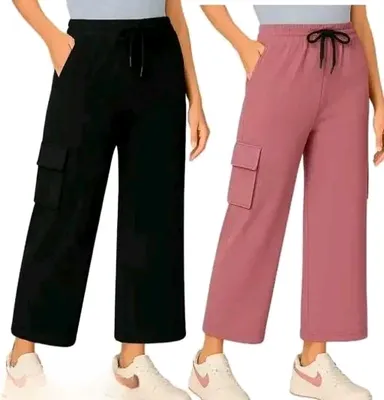 Women’s Wide Leg Cargo Palazzo Pants Combo Pack – High Waist Elastic Drawstring Stretchable Lounge Trousers with Side Pockets Casual Korean Style Flared Bottom Pants for Daily Wear Travel Office Gym & Summer Comfort Outfit Multi Colour 8-9 Years thumbnail 0