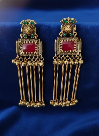 Gold Plated |Traditional Jhumka Earrings for Women | Antique Temple Design Long Dangler Earrings thumbnail 1