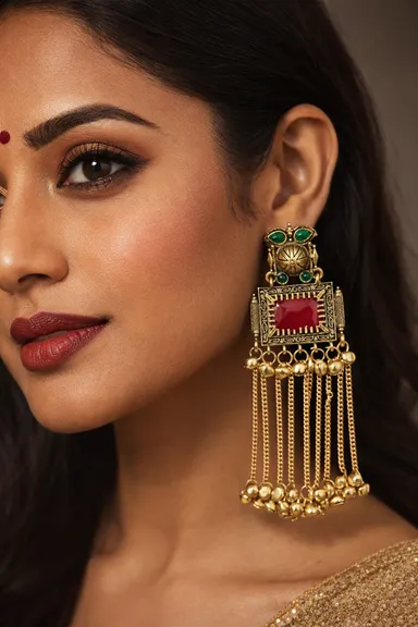 Gold Plated |Traditional Jhumka Earrings for Women | Antique Temple Design Long Dangler Earrings thumbnail 2