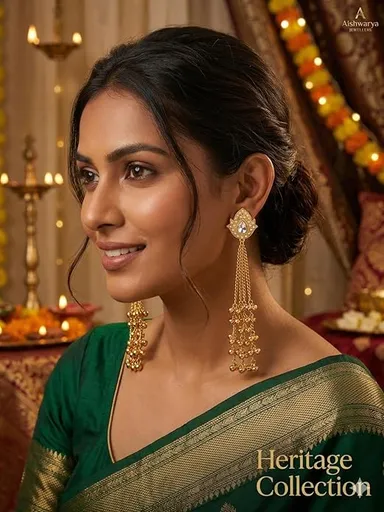 Gold Plated - Traditional Jhumka Earrings for Women | Antique Temple Design Long Dangler Earrings thumbnail 2