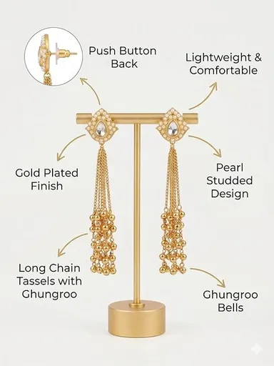 Gold Plated - Traditional Jhumka Earrings for Women | Antique Temple Design Long Dangler Earrings thumbnail 5