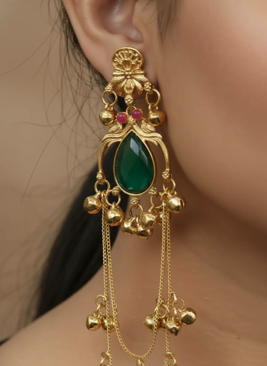 Traditional Gold Plated Green Teardrop Stone Long Ghungroo Chain Earrings for Women image 2