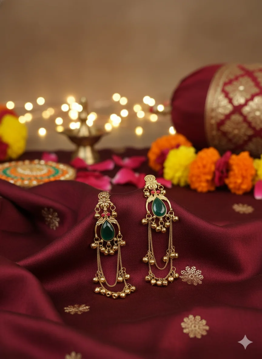 Traditional Gold Plated Green Teardrop Stone Long Ghungroo Chain Earrings for Women image 3