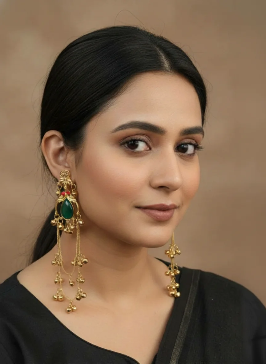 Traditional Gold Plated Green Teardrop Stone Long Ghungroo Chain Earrings for Women image 4