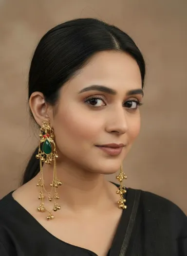 Traditional Gold Plated Green Teardrop Stone Long Ghungroo Chain Earrings for Women thumbnail 3