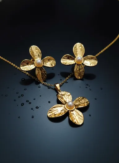 Gold Plated Pearl Pendant Set with Earrings, Anti-Tarnish, Skin-Friendly, Lightweight Designer Jewellery for Women thumbnail 1
