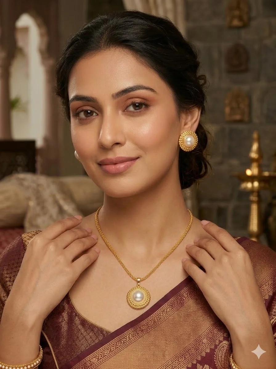 Gold Plated Pearl Pendant Set with Earrings, Anti-Tarnish, Skin-Friendly, Lightweight Designer Jewellery for Women image 2