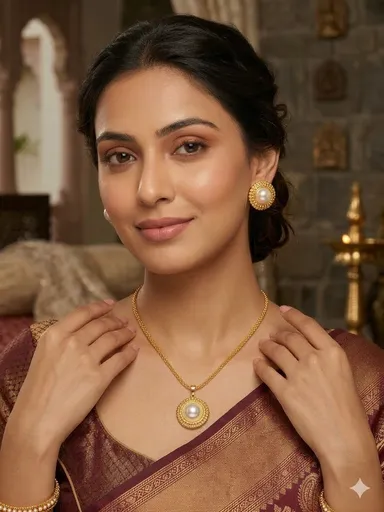 Gold Plated Pearl Pendant Set with Earrings, Anti-Tarnish, Skin-Friendly, Lightweight Designer Jewellery for Women thumbnail 1