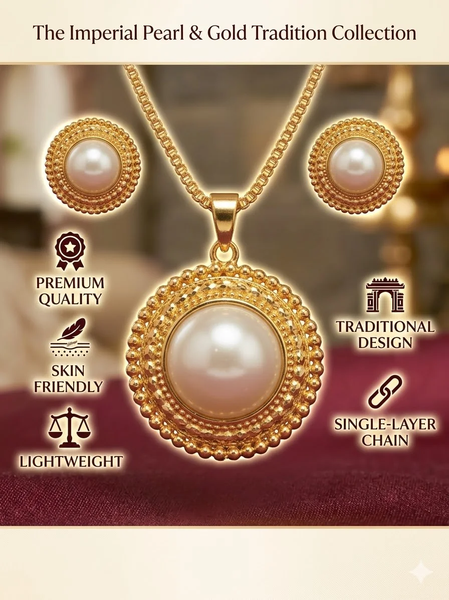 Gold Plated Pearl Pendant Set with Earrings, Anti-Tarnish, Skin-Friendly, Lightweight Designer Jewellery for Women image 3