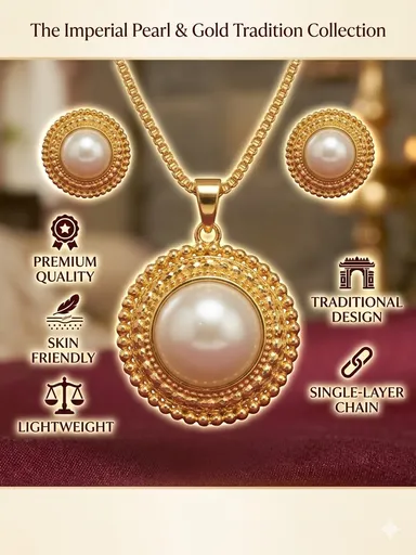 Gold Plated Pearl Pendant Set with Earrings, Anti-Tarnish, Skin-Friendly, Lightweight Designer Jewellery for Women thumbnail 2