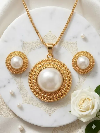 Gold Plated Pearl Pendant Set with Earrings, Anti-Tarnish, Skin-Friendly, Lightweight Designer Jewellery for Women thumbnail 3