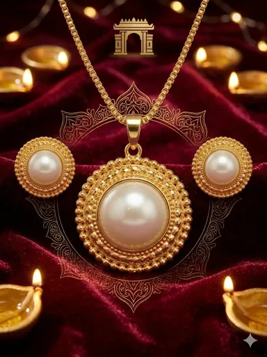 Gold Plated Pearl Pendant Set with Earrings, Anti-Tarnish, Skin-Friendly, Lightweight Designer Jewellery for Women thumbnail 5