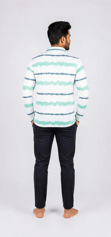 Men's White & Sea-Green Tie-Dye Striped Full Sleeve Polo T-Shirt Cotton Casual Collar Tee for Men Regular Fit Stylish Streetwear Winter Summer Fashion Polo Tshirt India white Lining M thumbnail 1