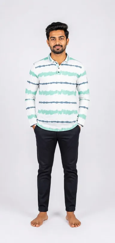 Men's White & Sea-Green Tie-Dye Striped Full Sleeve Polo T-Shirt Cotton Casual Collar Tee for Men Regular Fit Stylish Streetwear Winter Summer Fashion Polo Tshirt India white Lining M thumbnail 0