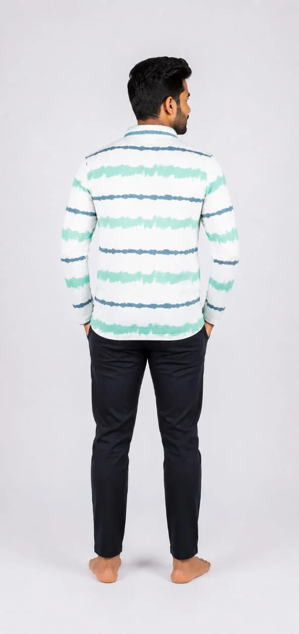 Men's White & Sea-Green Tie-Dye Striped Full Sleeve Polo T-Shirt Cotton Casual Collar Tee for Men Regular Fit Stylish Streetwear Winter Summer Fashion Polo Tshirt India white Lining XL image 2