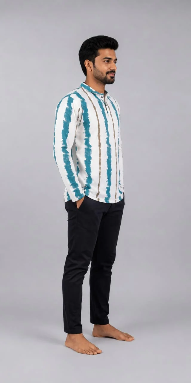 Men's White & Sea-Green Tie-Dye Striped Full Sleeve Polo T-Shirt Cotton Casual Collar Tee for Men Regular Fit Stylish Streetwear Winter Summer Fashion Polo Tshirt India BlueLining M image 2