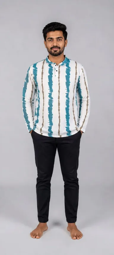 Men's White & Sea-Green Tie-Dye Striped Full Sleeve Polo T-Shirt Cotton Casual Collar Tee for Men Regular Fit Stylish Streetwear Winter Summer Fashion Polo Tshirt India BlueLining M thumbnail 0