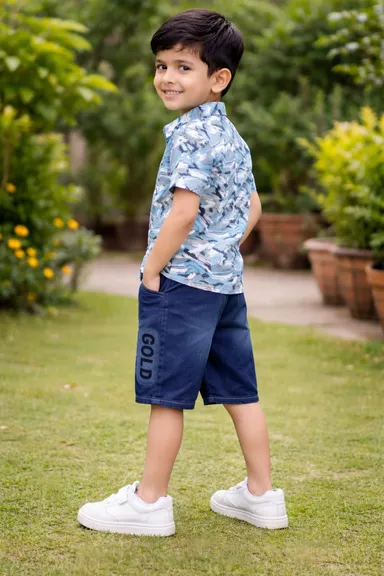 Kids Boys Blue Abstract Printed Cotton Half Sleeve Shirt with Denim Bermuda Shorts Stylish Casual Summer Outfit Set for Party Beach Holiday Wear Clothing Combo India Cotton Shirt 2-3 Y thumbnail 1