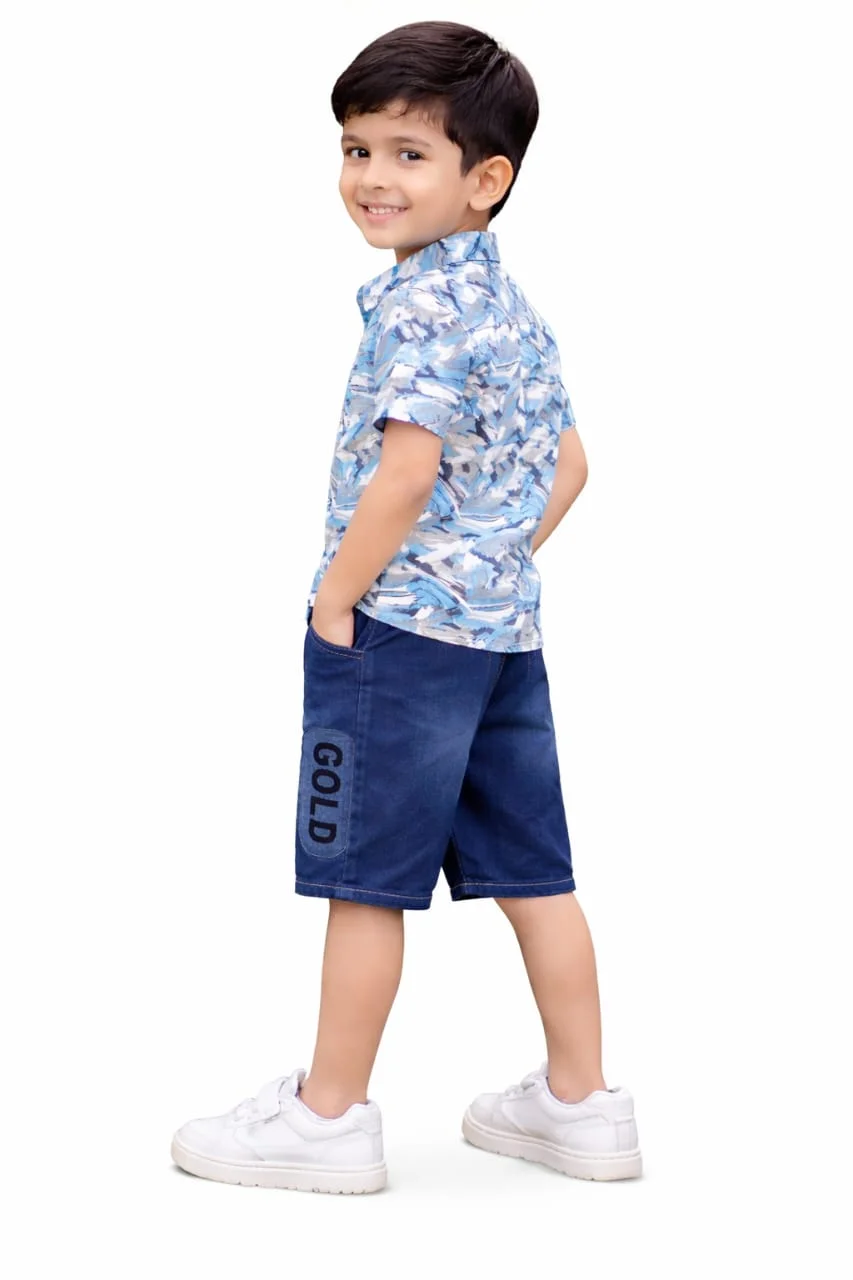 Kids Boys Blue Abstract Printed Cotton Half Sleeve Shirt with Denim Bermuda Shorts Stylish Casual Summer Outfit Set for Party Beach Holiday Wear Clothing Combo India Cotton Shirt 2-3 Y image 3