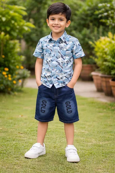 Kids Boys Blue Abstract Printed Cotton Half Sleeve Shirt with Denim Bermuda Shorts Stylish Casual Summer Outfit Set for Party Beach Holiday Wear Clothing Combo India Cotton Shirt 3-4 Y thumbnail 0