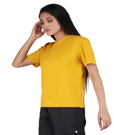 Women’s Stretchable Cotton Lycra Yellow Top for Women Casual Slim Fit Half Sleeve Round Neck Stylish Daily Wear Summer Fashion T Shirt Top for Girls Yellow S thumbnail 1