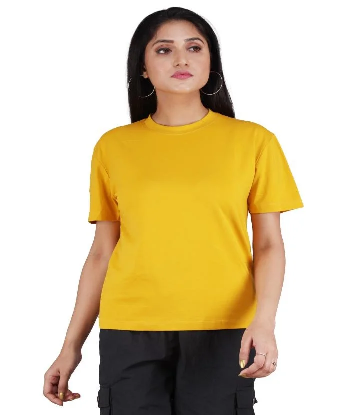 Women’s Stretchable Cotton Lycra Yellow Top for Women Casual Slim Fit Half Sleeve Round Neck Stylish Daily Wear Summer Fashion T Shirt Top for Girls Yellow L image 1