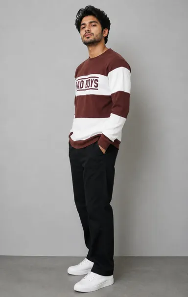 Men's Brown & White Colorblock Full Sleeve Crew Neck Sweatshirt Cotton Blend Casual Winter Wear Pullover Stylish Regular Fit Sweatshirt for Men India tshirt M thumbnail 1