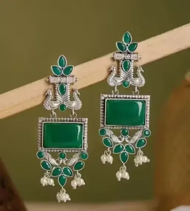 Traditional Peacock Motif Oxidised Silver Plated Drop Earrings with Emerald Green Stones and Pearl Hangings thumbnail 0