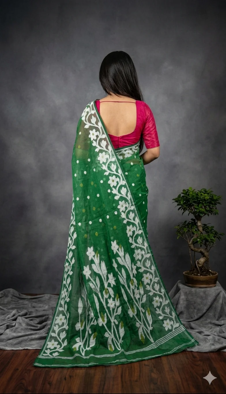 Women's Traditional Soft Cotton Dhakai Jamdani Saree with Elegant Floral Border - Bengali Ethnic Wear (Green) image 2