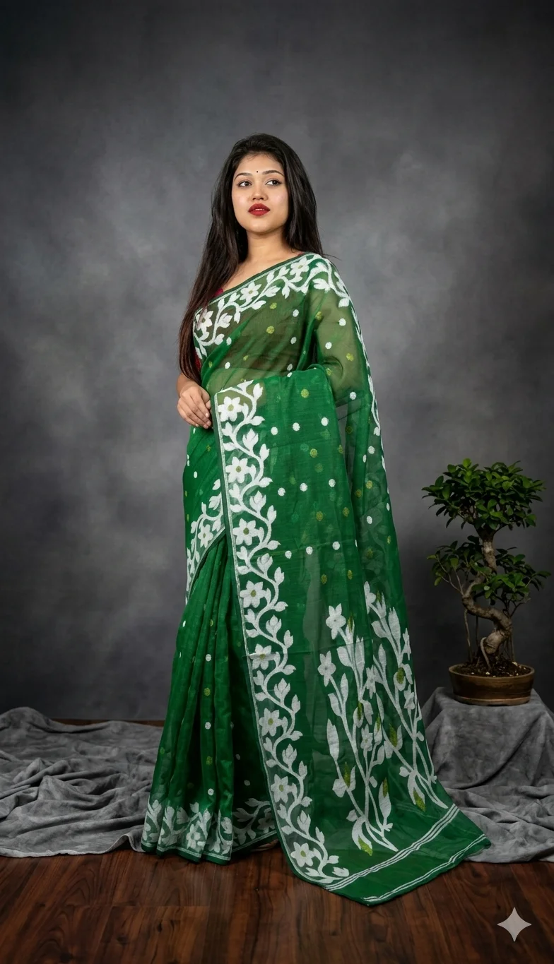 Women's Traditional Soft Cotton Dhakai Jamdani Saree with Elegant Floral Border - Bengali Ethnic Wear (Green) image 3