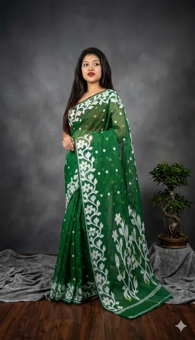 Women's Traditional Soft Cotton Dhakai Jamdani Saree with Elegant Floral Border - Bengali Ethnic Wear (Green) thumbnail 2