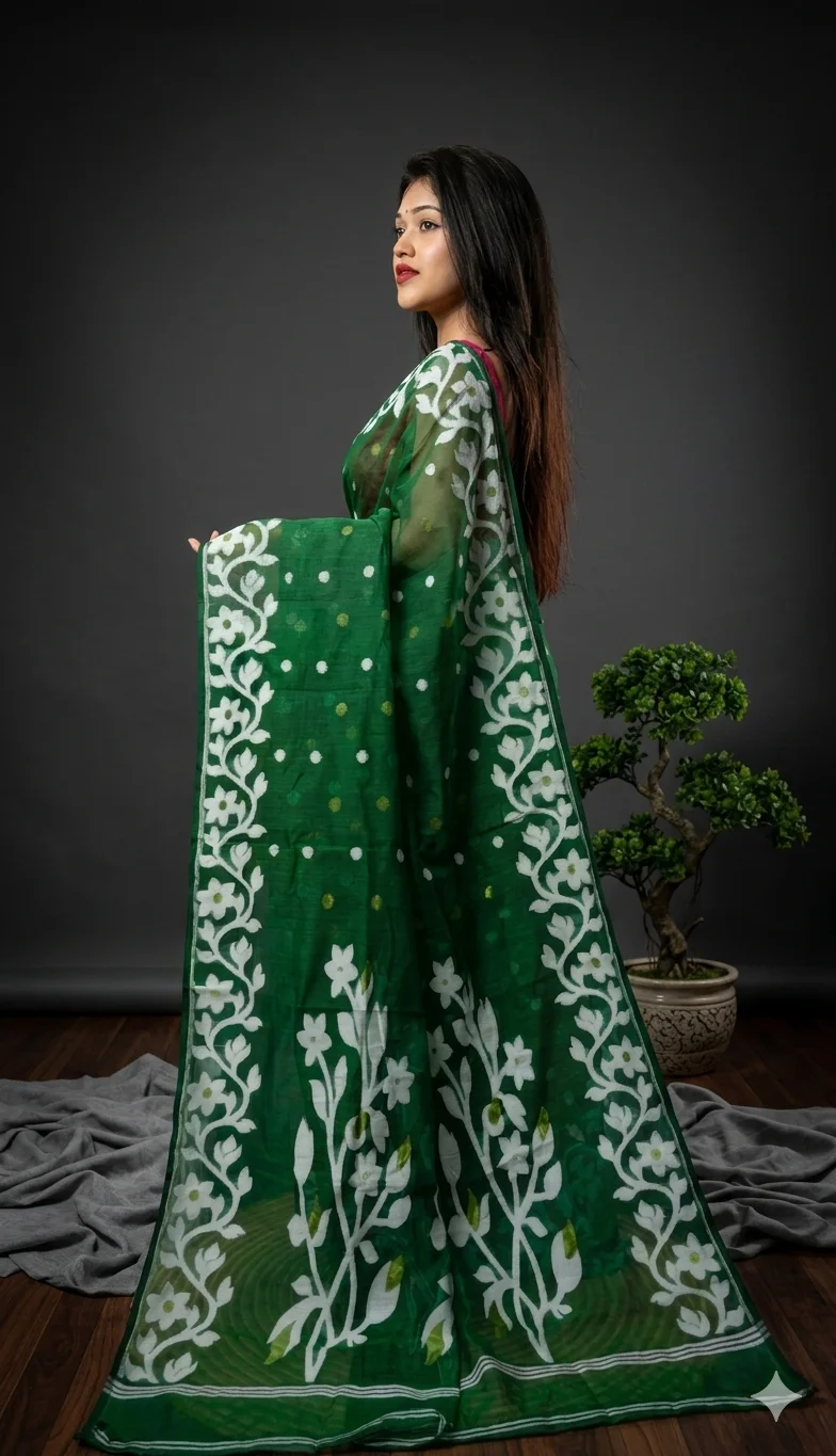 Women's Traditional Soft Cotton Dhakai Jamdani Saree with Elegant Floral Border - Bengali Ethnic Wear (Green) image 4